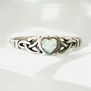 925 Sterling Silver White Opal Heart Celtic Knot Ring Size 4-10